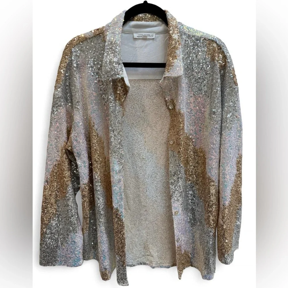 12th Tribe Sequin Button Up Shirt Large Gold Silver Party Top - Picture 2 of 8